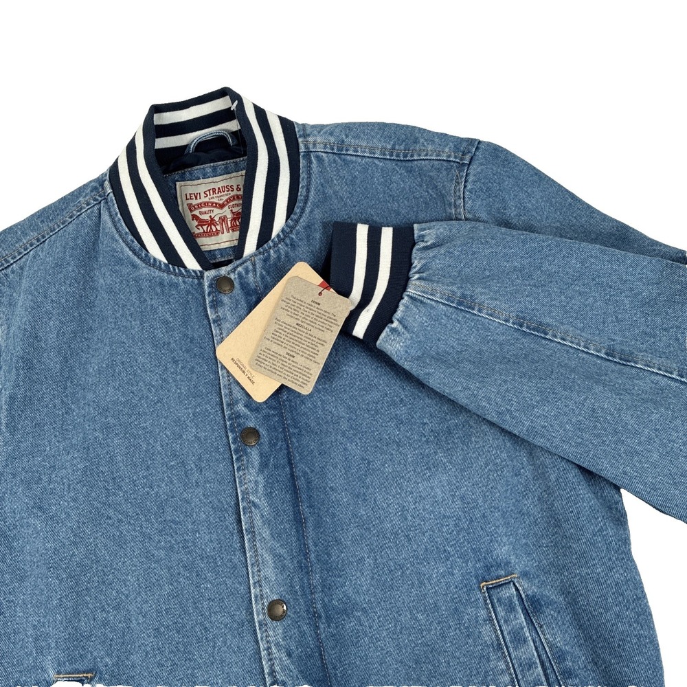 Levi's New Men's Full Zip Varsity Denim Bomber Jacket MEDIUM Ribbed Knit‎ Hem